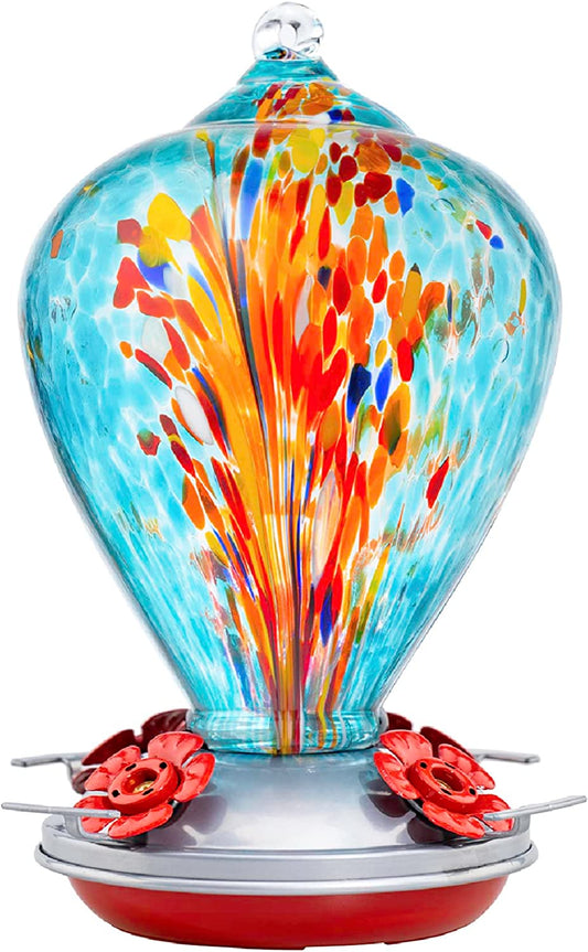 Stunning Blown Glass Hummingbird Feeder - 34oz Outdoor Decor & Unique Gift for Garden Lovers