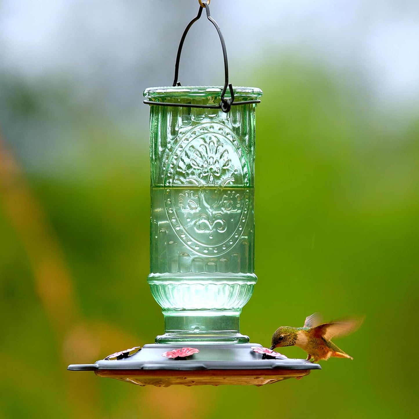 Vintage Hummingbird Feeder, Antique Glass Bottle, 5 Feeding Ports, 20-Ounce Nectar Capacity