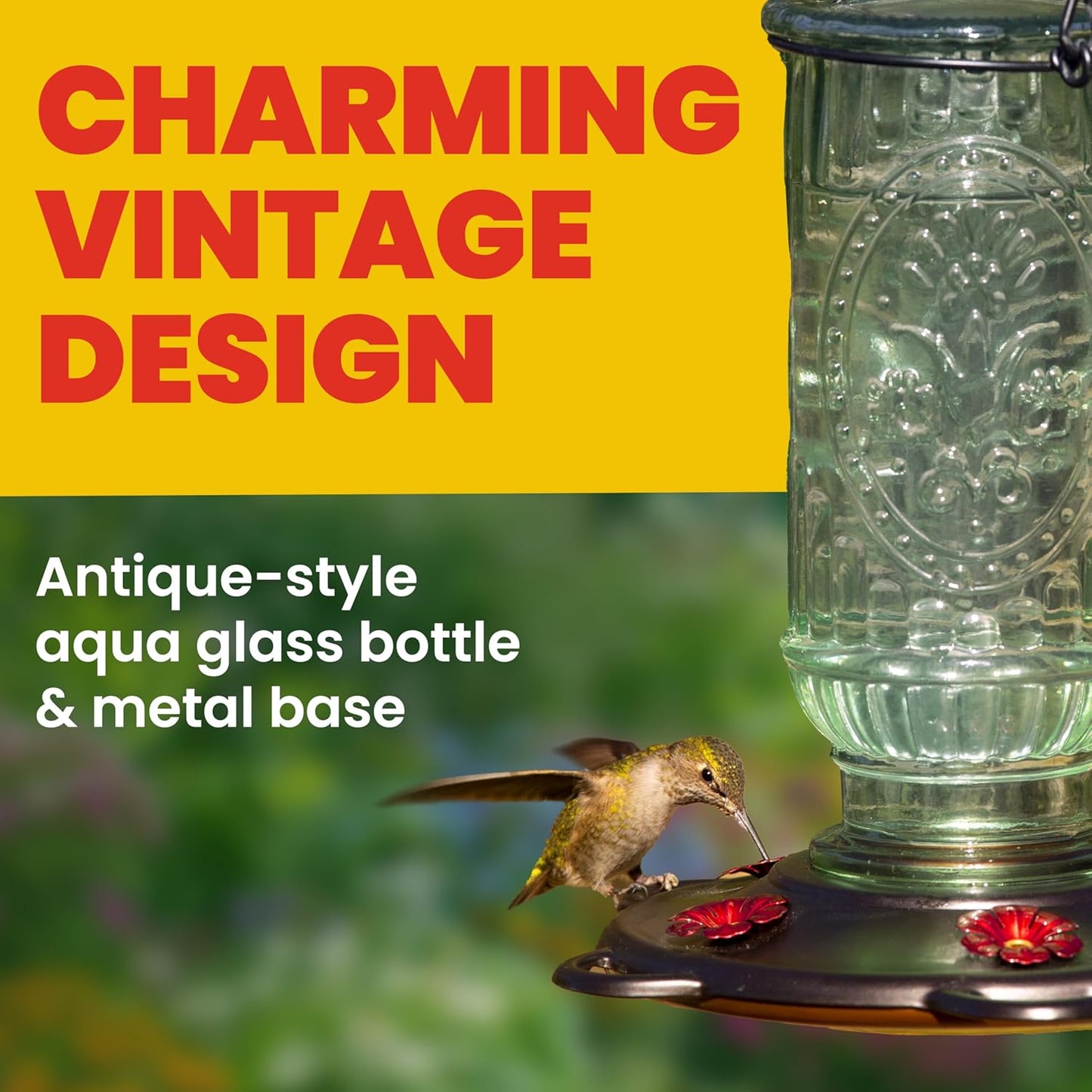 Vintage Hummingbird Feeder, Antique Glass Bottle, 5 Feeding Ports, 20-Ounce Nectar Capacity