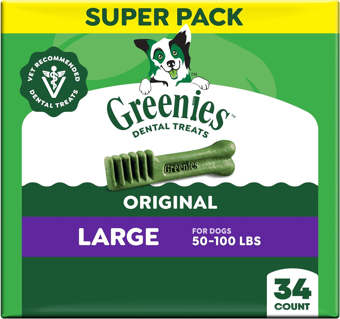 Greenies Veterinarian-Recommended Adult Natural Dental Dog Treats Large Size, Dog Dental Chews, Original Flavor, 54 Oz. Pack, 34 Count