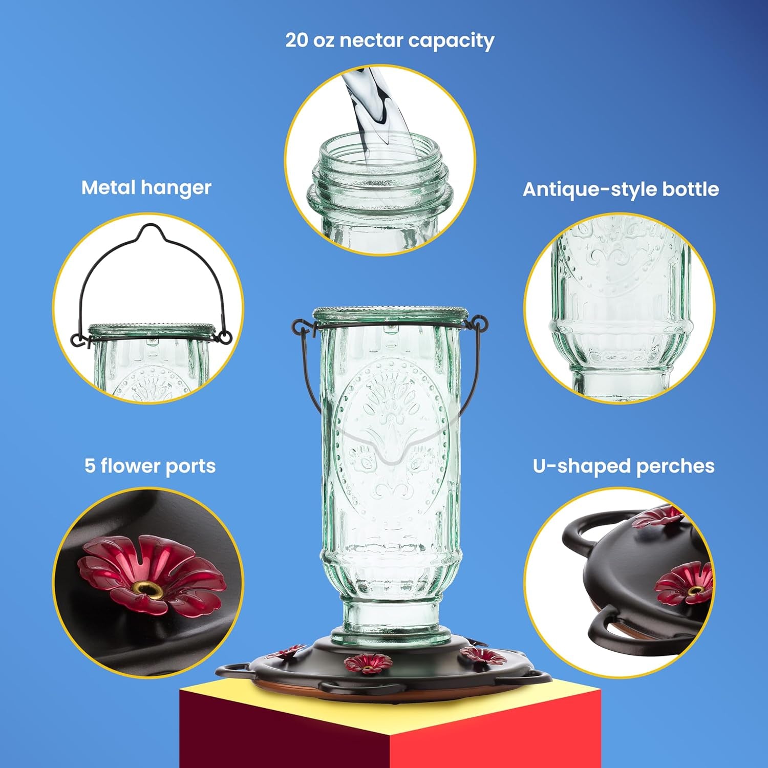 Vintage Hummingbird Feeder, Antique Glass Bottle, 5 Feeding Ports, 20-Ounce Nectar Capacity
