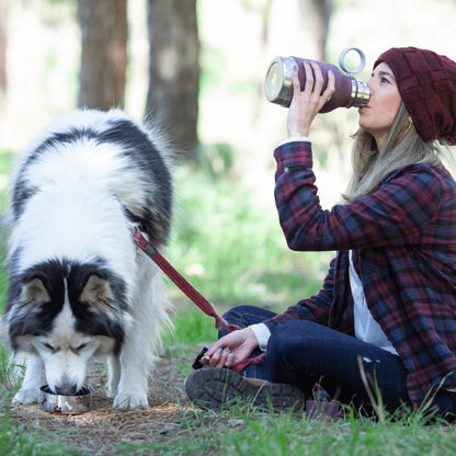 Buddy Bottle a Stainless Steel Insulated Water Bottle for with Removable Dog Water Bowl and Dog Food and Treat Storage Bowl (Burgundy, 37 Oz Water Bottle with Bowl)