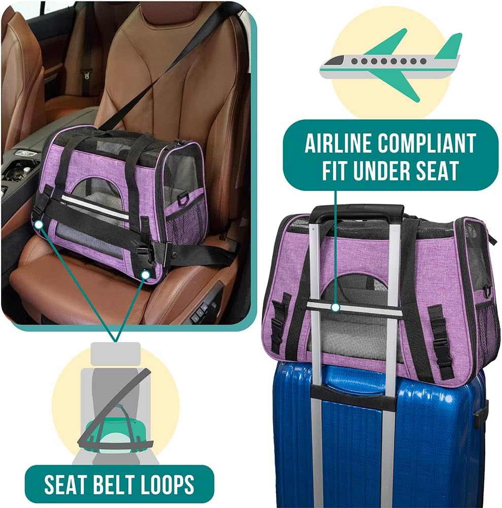Airline Approved Soft-Sided Pet Carrier - Perfect for Cats and Small Dogs, Ventilated Travel Bag in Heather Purple